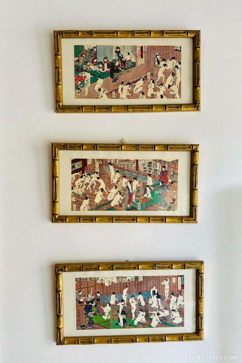Arte: Tr&iacute;ptico ukiyo-e japon&eacute;s &mdash; Toyohara Kunichika &mdash; Escenas de ba&ntilde;o (sentō) &mdash; Enmarcado en bamb&uacute; dorado
