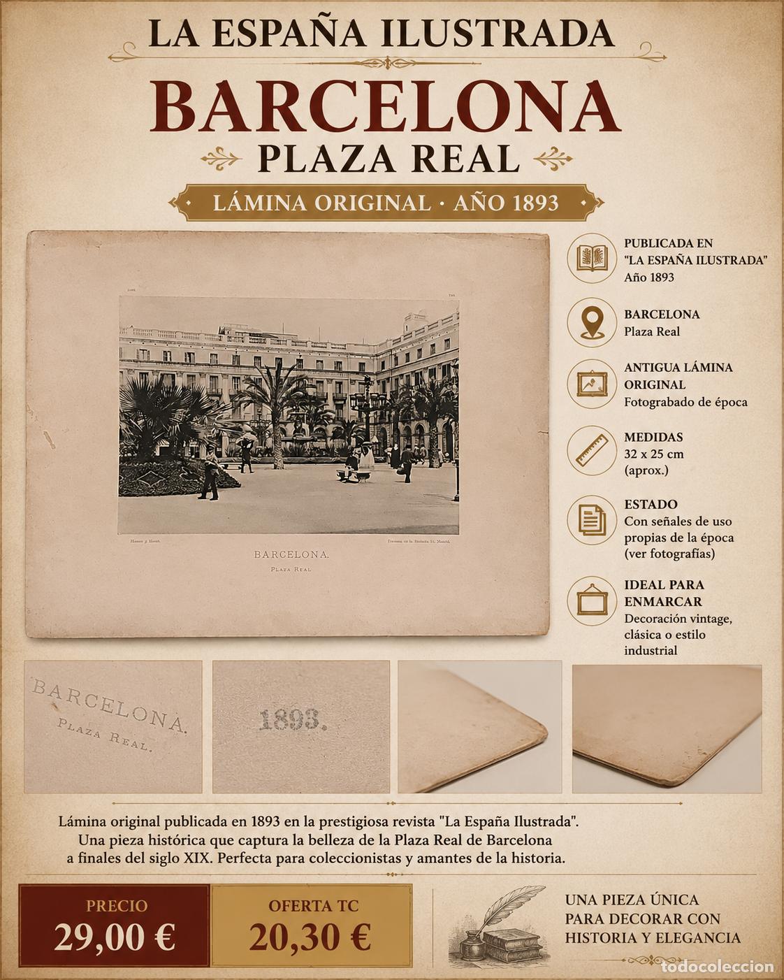 Arte: L&Aacute;MINA ORIGINAL 1893 | BARCELONA PLAZA REAL | LA ESPA&Ntilde;A ILUSTRADA | HAUSER Y MENET