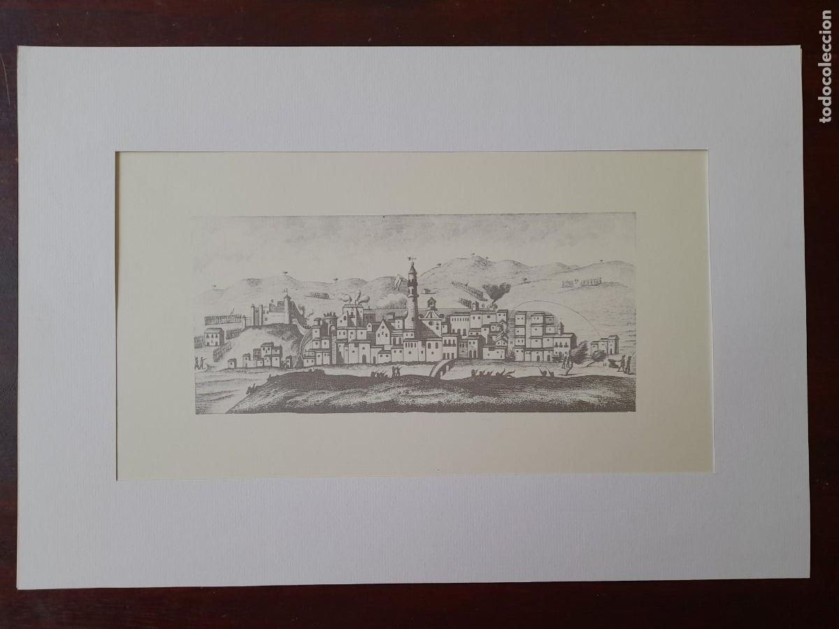 Arte: Litograf&iacute;a 1847 vista medieval de la vila de Falset Tarragona preenmarcada con paspartu