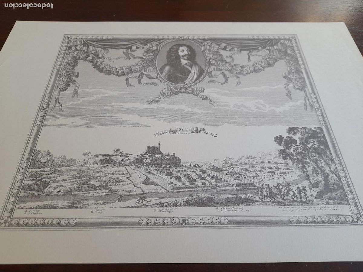 Arte: Litograf&iacute;a historica medieval de la ciudad amurallada de Flix en 1694 de gran formato y calidad