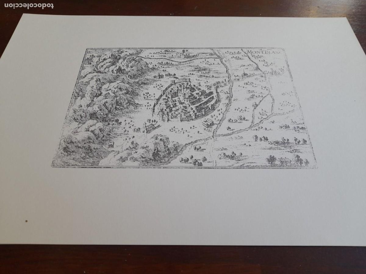 Arte: Litograf&iacute;a historica Medieval poblacion amurallada de Montblanc 1643 lamina gran formato y calidad