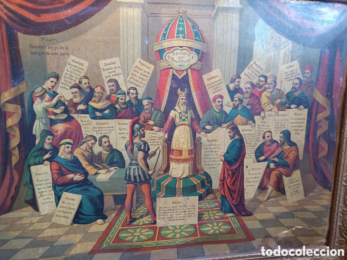 Arte: Cromo litograf&iacute;a antigua en juicio de Poncio Pilato a Jes&uacute;s