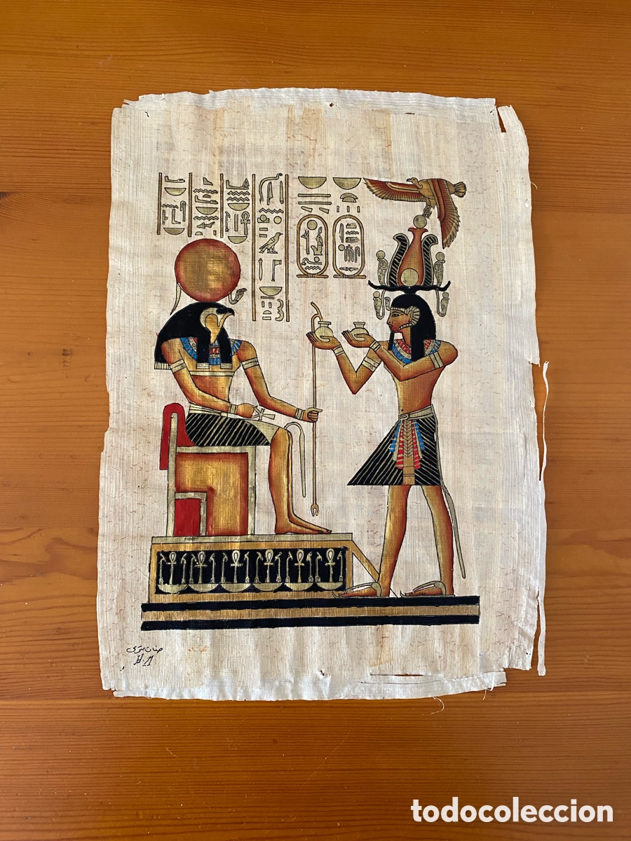 Arte: Pintura Egipcia Vintage (A&ntilde;os 80/90) Pintada a Mano sobre Papel de Ma&iacute;z &ndash; Firmada y Sellada