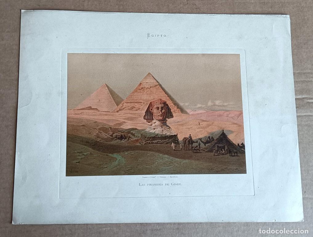 Art: Antigua l&aacute;mina de Egipto - las pir&aacute;mides de Gideh - espasa y comp&ordf; editores Barcelona 37 x 28,5 cm.