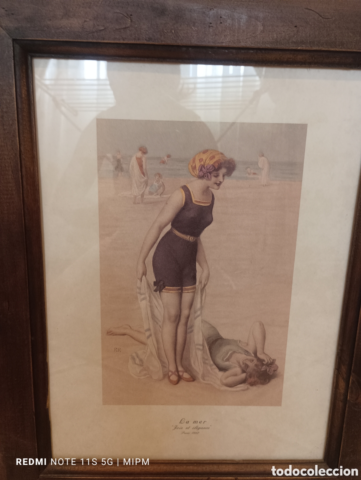 Arte: Lote de dos cuadros con l&aacute;minas de playa y ba&ntilde;istas &rdquo;la mer&rdquo; enmarcaci&oacute;n artesanal hecha en Espa&ntilde;a