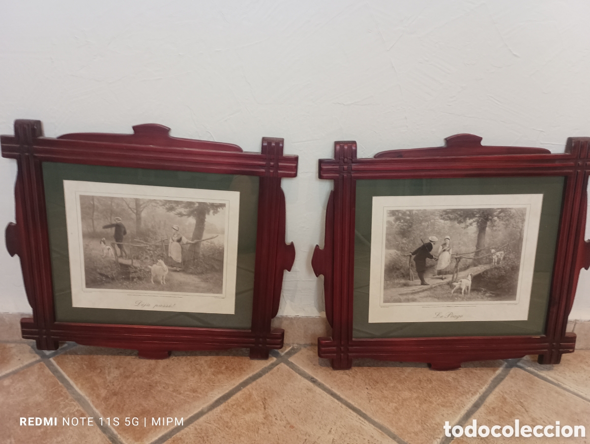 Arte: Lote de dos cuadros l&aacute;minas vintage con marco madera enmarcaci&oacute;n hecha en Espa&ntilde;a, estilo r&uacute;stico