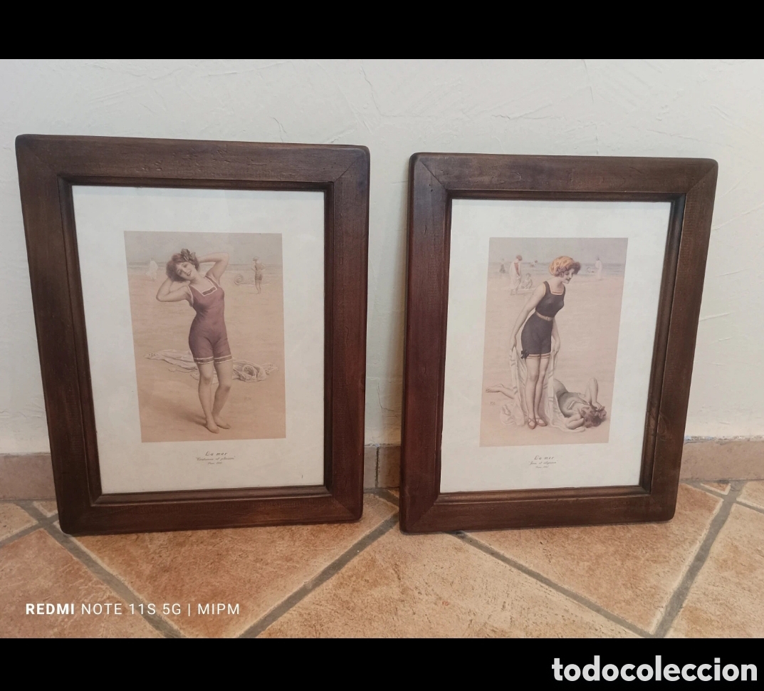 Arte: Lote de dos cuadros con l&aacute;minas de playa y ba&ntilde;istas &rdquo;la mer&rdquo; enmarcaci&oacute;n artesanal hecha en Espa&ntilde;a