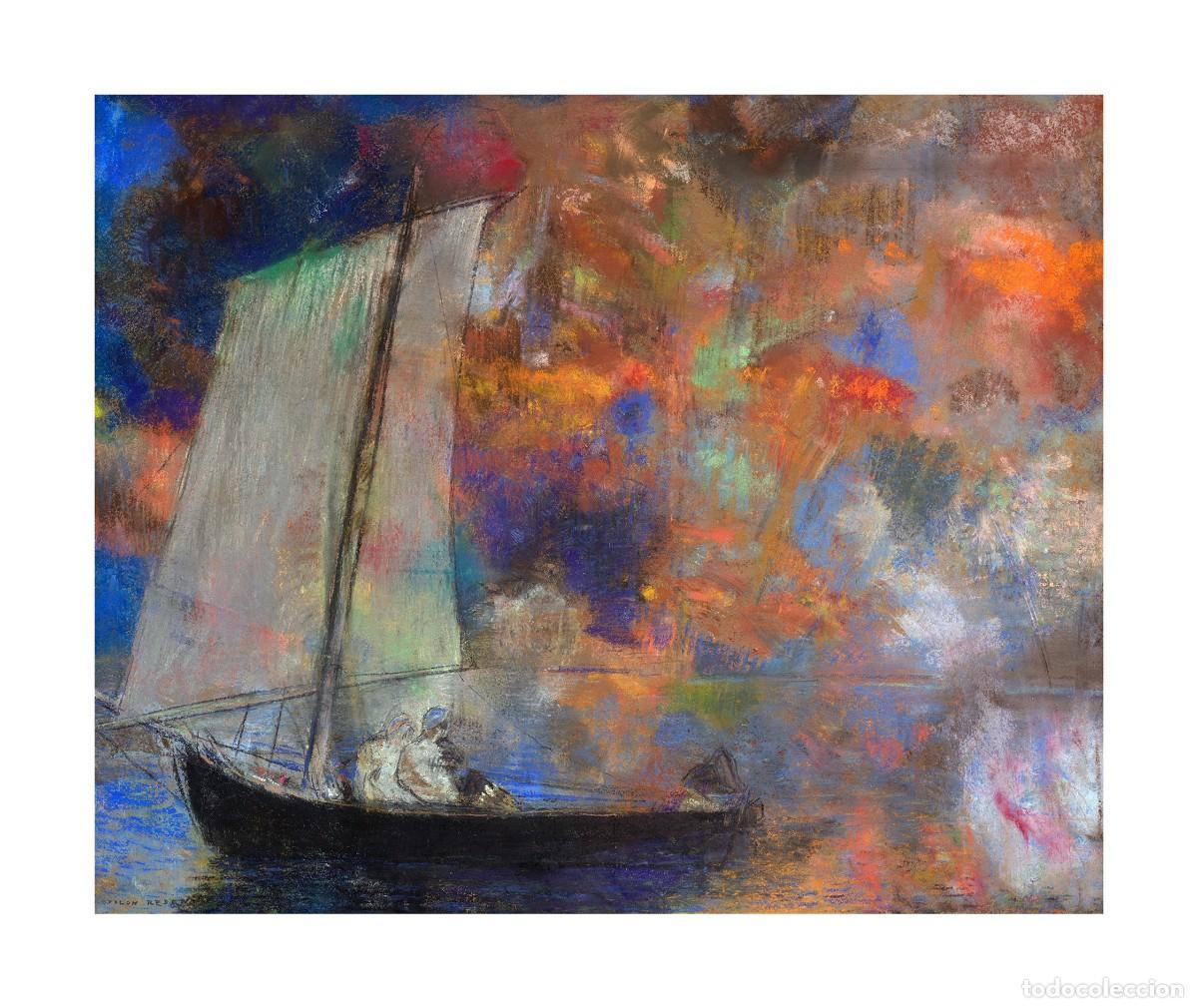 Arte: L&aacute;mina (38 x 32 cm) del cuadro Barque au Soleil Couchant o Nues-Fleurs de Odilon Redon. Pintura Arte