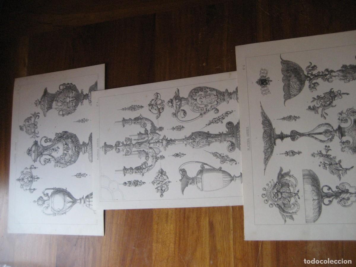 Arte: 3 laminas antiguas de Plateria y Joyeria . candelabro jarr&oacute;n Lit Unin . Campa&ntilde;a . Mas . LR Inv