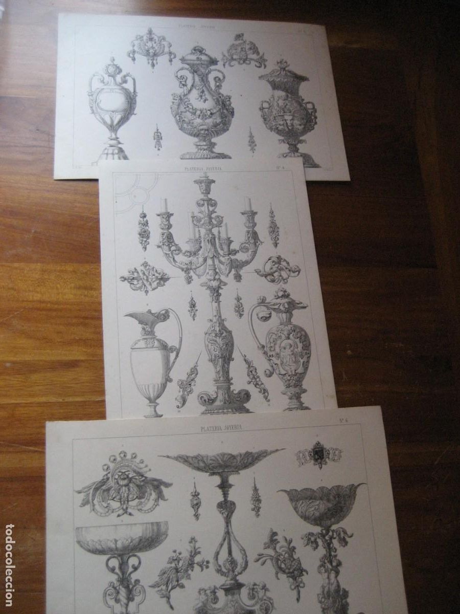 Arte: 3 laminas antiguas de Plateria y Joyeria . candelabro jarr&oacute;n Lit Unin . Campa&ntilde;a . Mas . LR Inv
