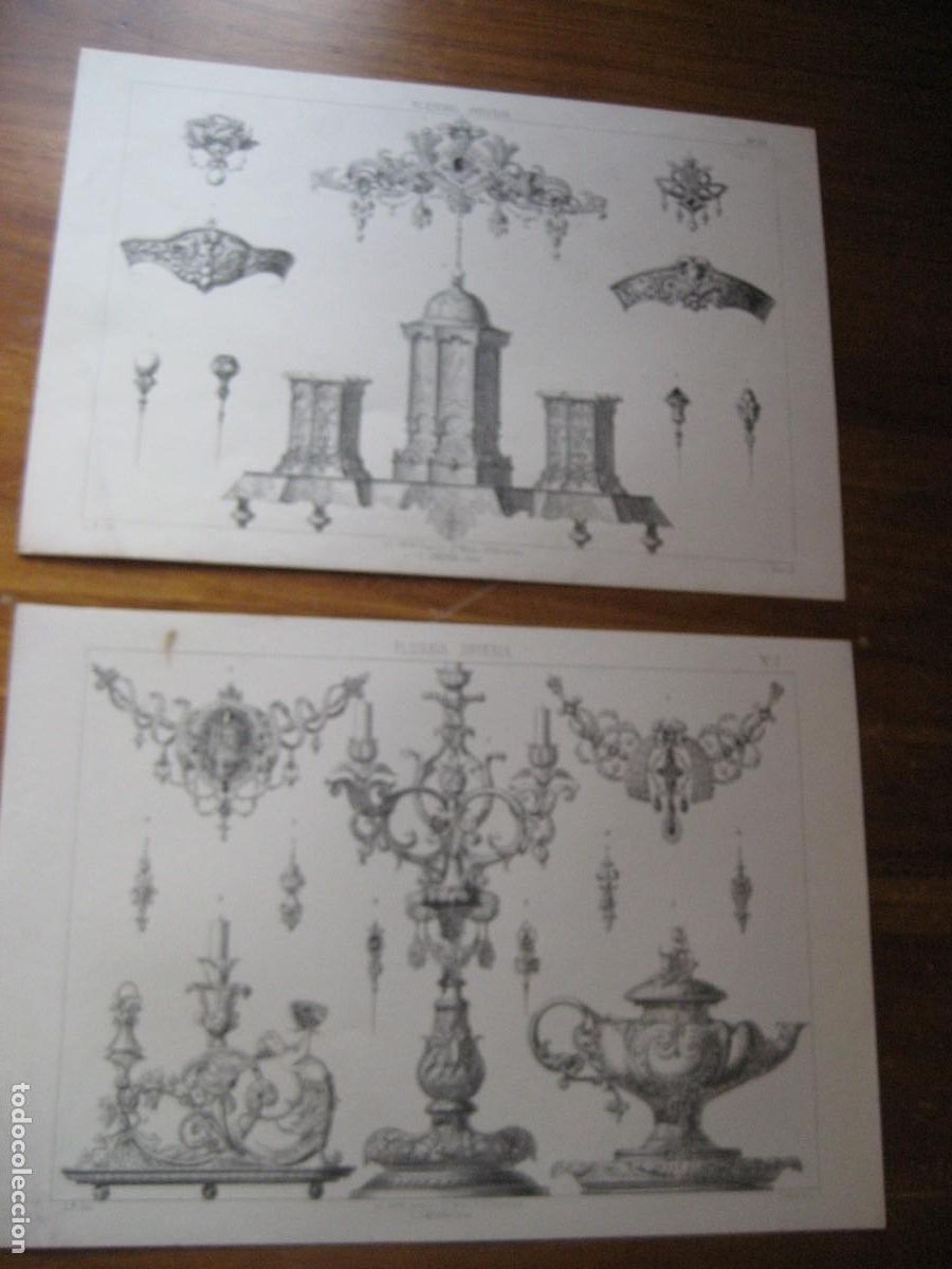 Arte: 2 l&aacute;minas antiguas Plateria y joyeria . Candelabro . lit Union Campa&ntilde;a LR Inv j. Serra