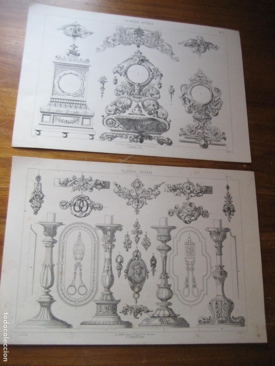Arte: 2 l&aacute;minas antiguas Plateria y joyeria . Candelabro espejo lit Union Campa&ntilde;a LR Inv Giraud y D Mas