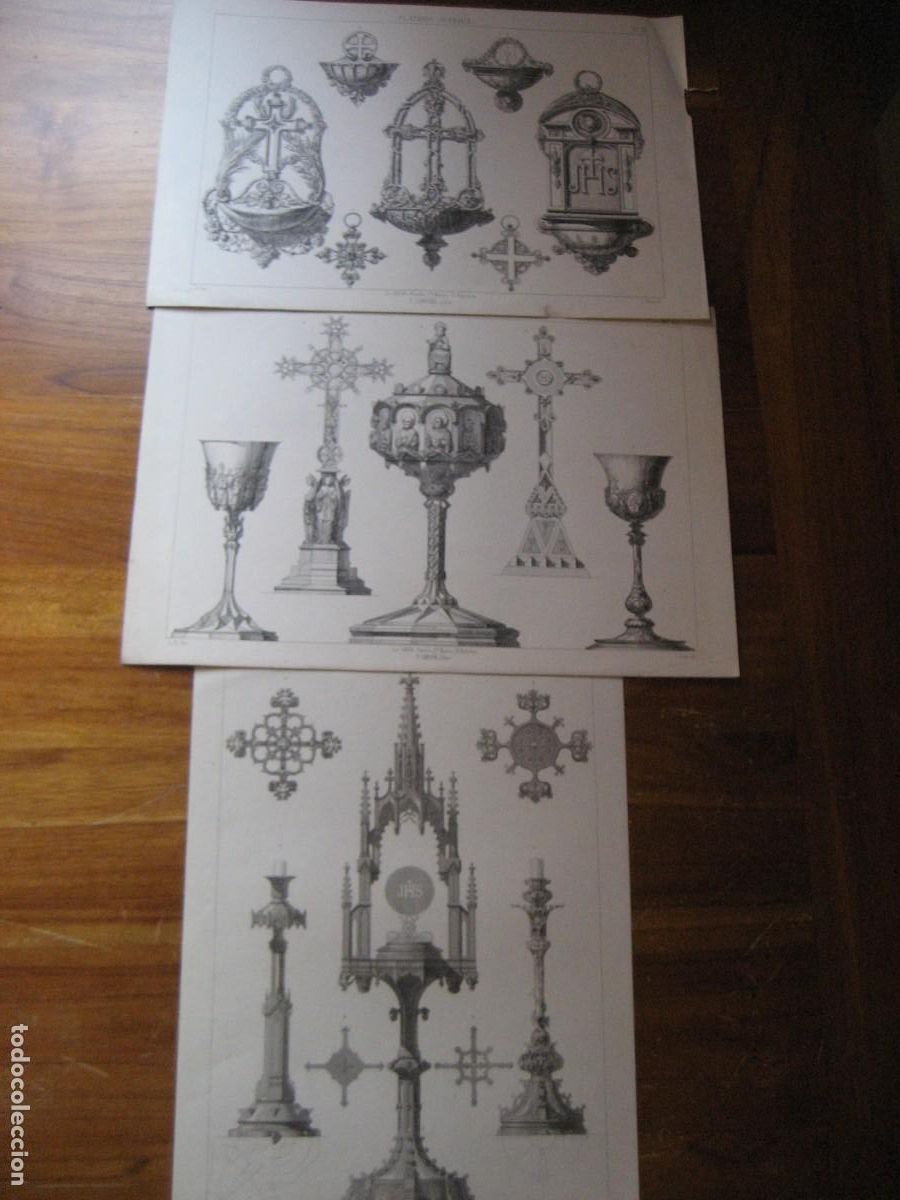Arte: 3 l&aacute;minas antiguas Plateria y joyeria objetos religiosos caliz lit Union Campa&ntilde;a LR Inv Serra Fatjo
