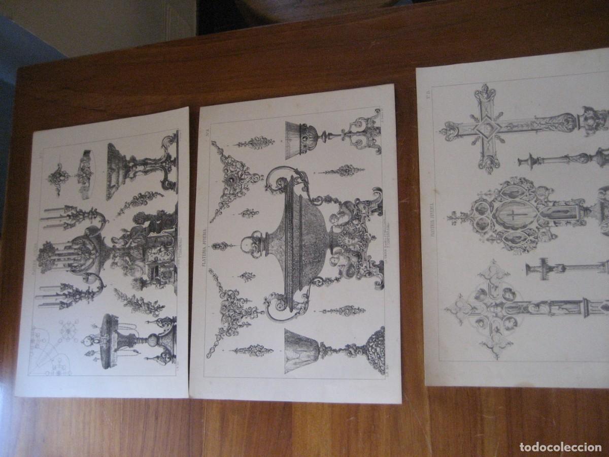 Arte: 3 l&aacute;minas antiguas Plateria y joyeria Candelabro caliz collar lit Union Campa&ntilde;a LR Inv Serra