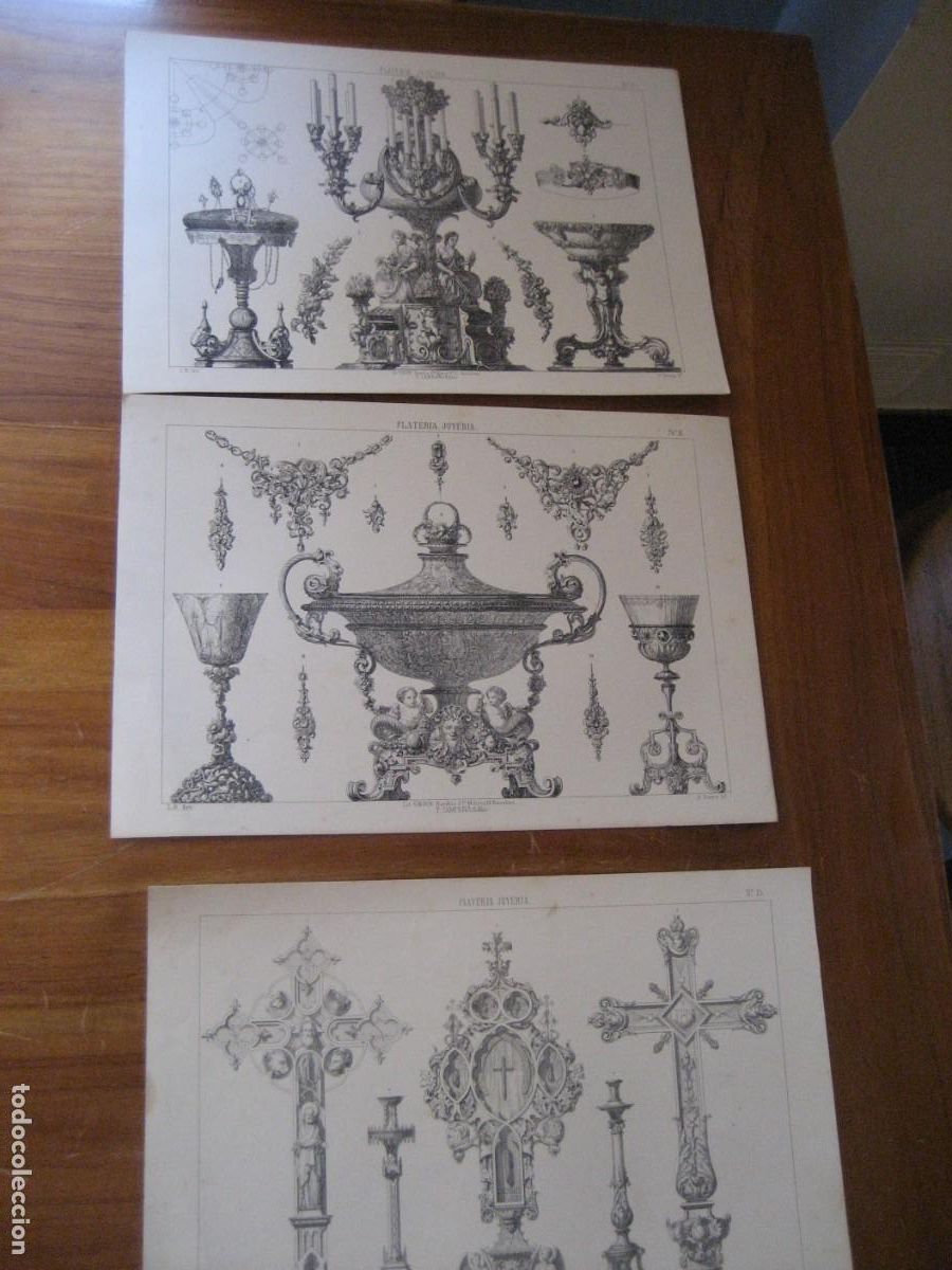 Arte: 3 l&aacute;minas antiguas Plateria y joyeria Candelabro caliz collar lit Union Campa&ntilde;a LR Inv Serra