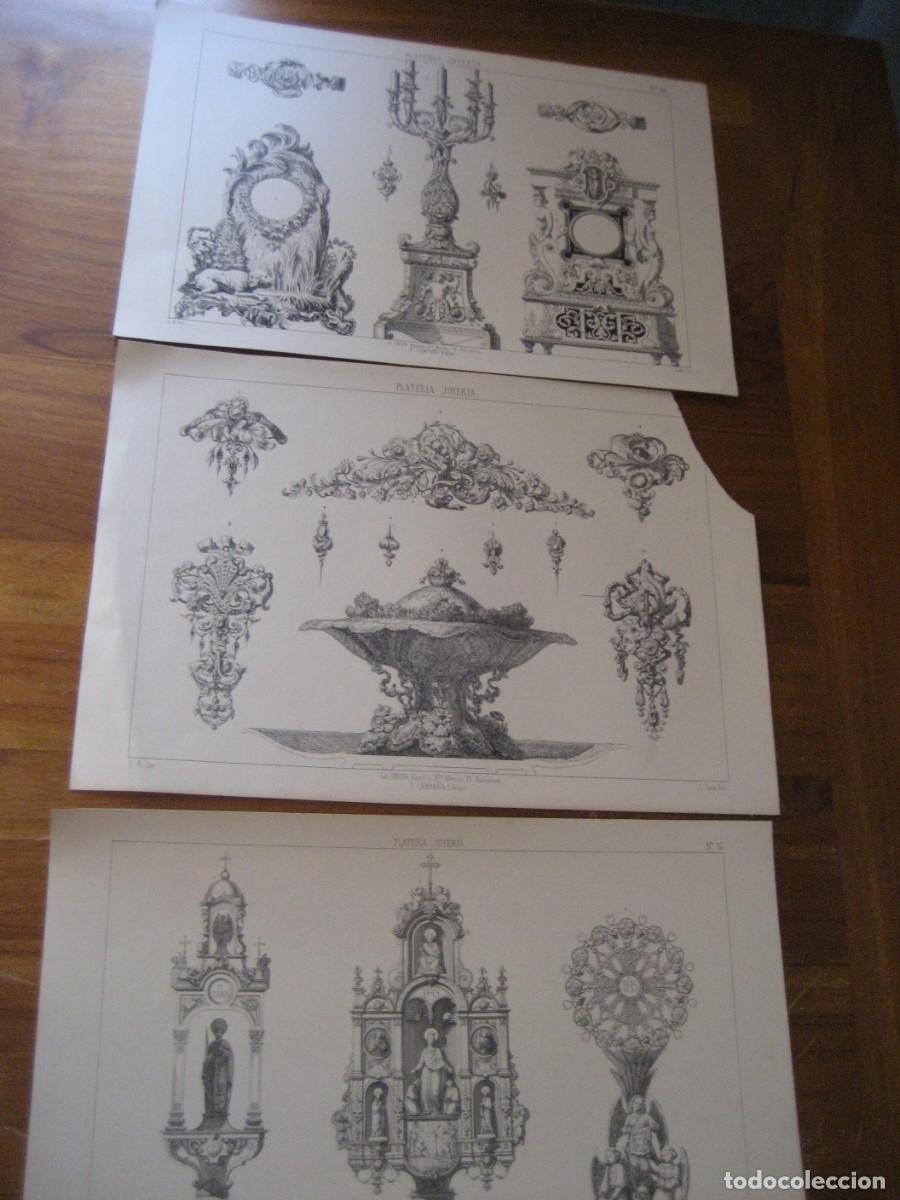 Arte: 3 l&aacute;minas antiguas Plateria y joyeria . Candelabro liturgia lit Union Campa&ntilde;a LR Inv j. Serra