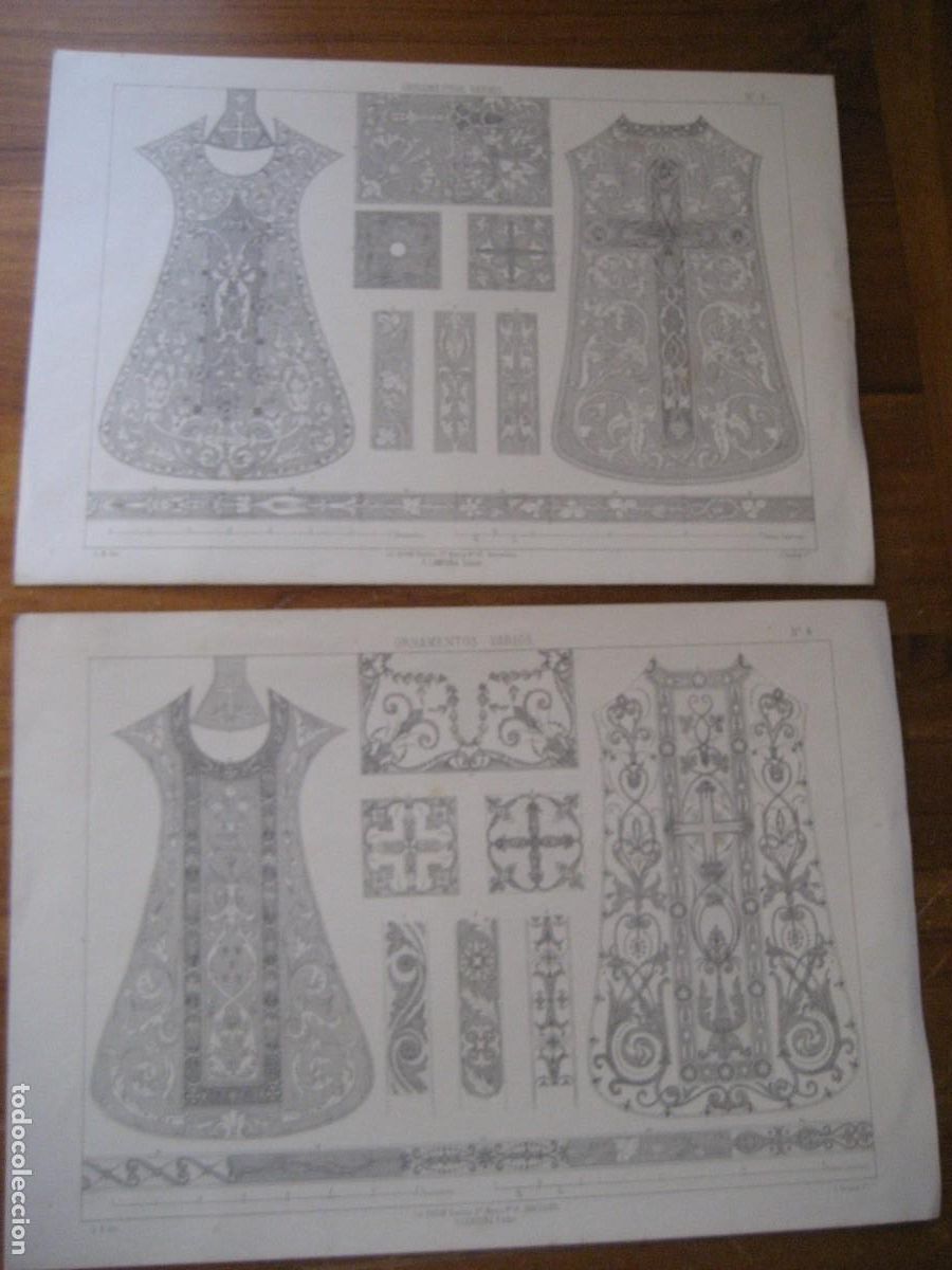 Arte: 2 l&aacute;minas antiguas ornamentos religioso casulla sacerdote lit Union Campa&ntilde;a LR Inv Giraud