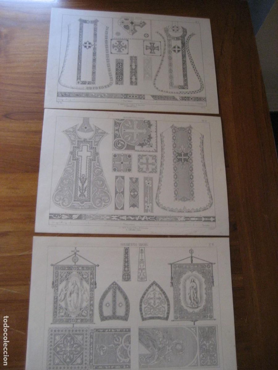 Arte: 3 l&aacute;minas antiguas ornamentos religioso casulla sacerdote tapiz lit Union Campa&ntilde;a LR Inv Giraud