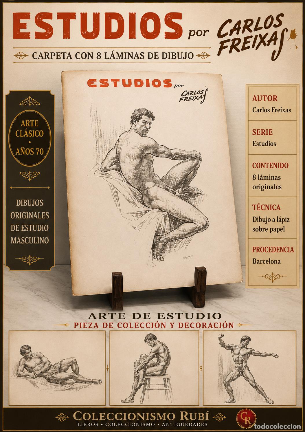 Arte: CARLOS FREIXAS | ESTUDIOS DE FIGURA MASCULINA | CARPETA CON 8 L&Aacute;MINAS ORIGINALES