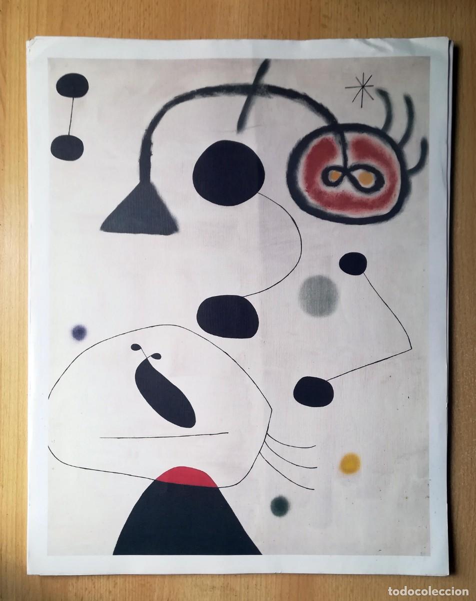 Arte: L&aacute;mina de Joan Mir&oacute;. Personaje y p&aacute;jaro en la noche.