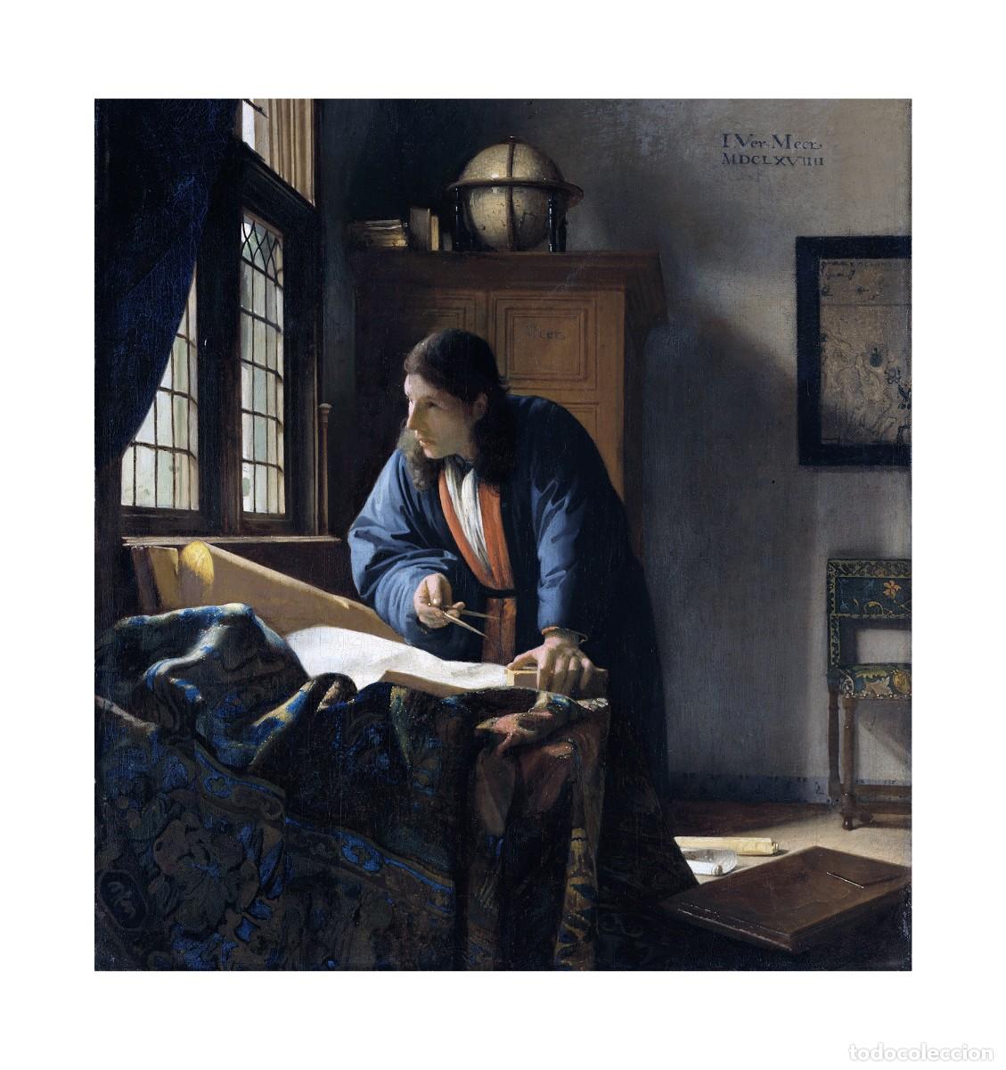 Arte: L&aacute;mina (34 x 32 cm) del cuadro El Ge&oacute;grafo, de Johannes Vermeer. Tema: Pintura, Arte.