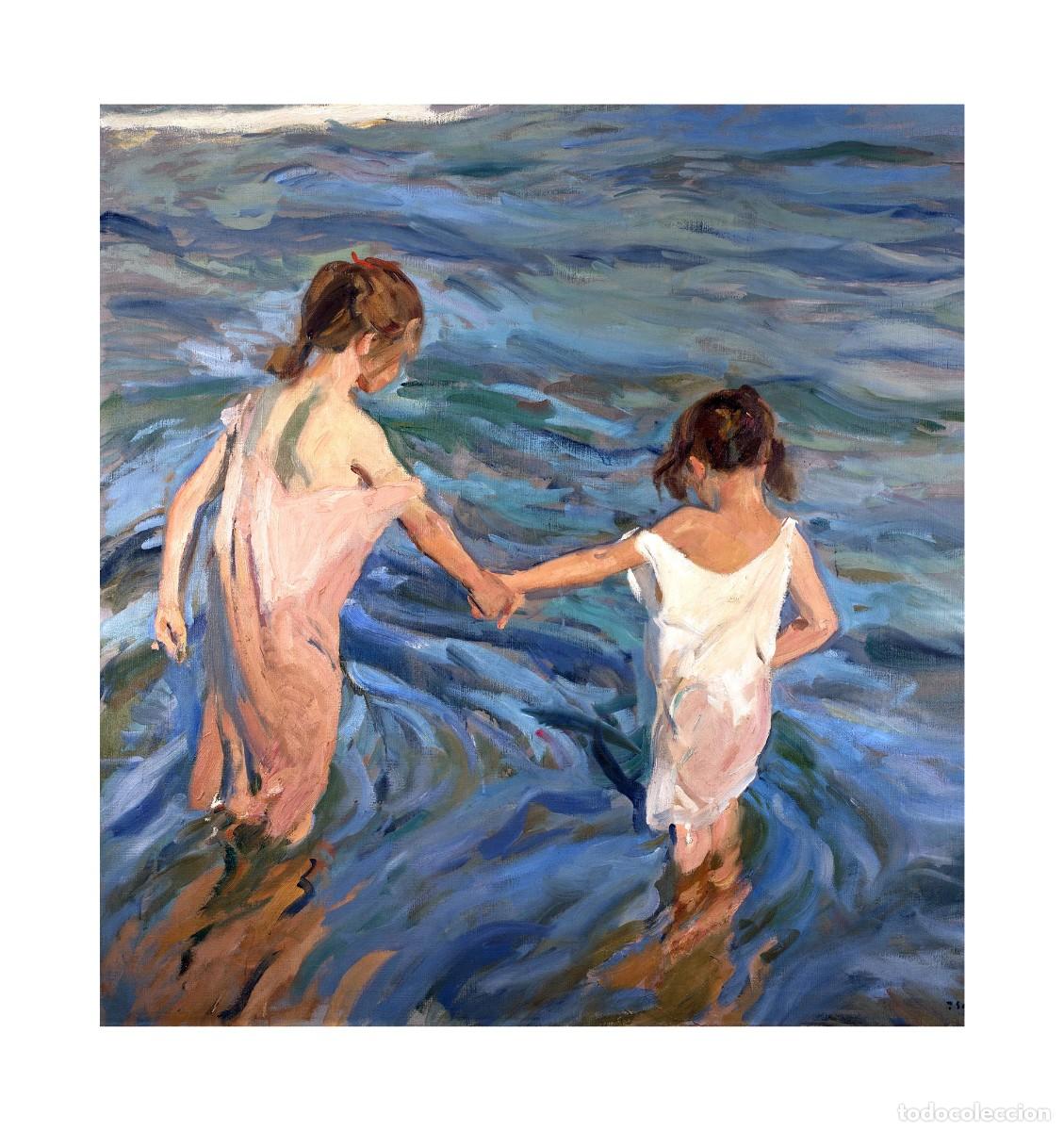 Arte: L&aacute;mina (34 x 32 cm) del cuadro Ni&ntilde;as en el Mar, de Joaqu&iacute;n Sorolla. Tema: Pintura, Arte.