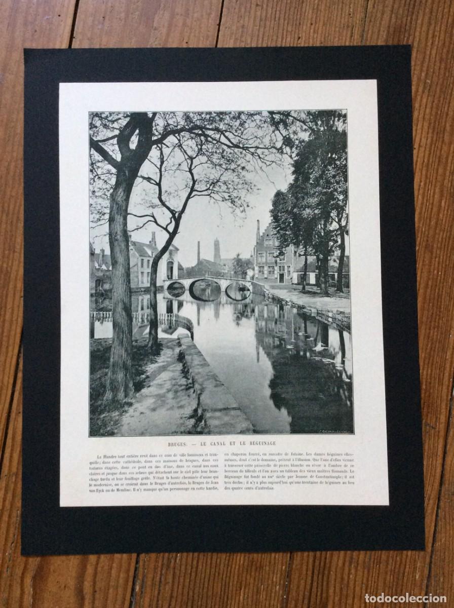 Arte: Bruges - Le Canal et le B&eacute;guinage. L&aacute;mina fotogr&aacute;fica monocrom&aacute;tica do s&eacute;culo XIX
