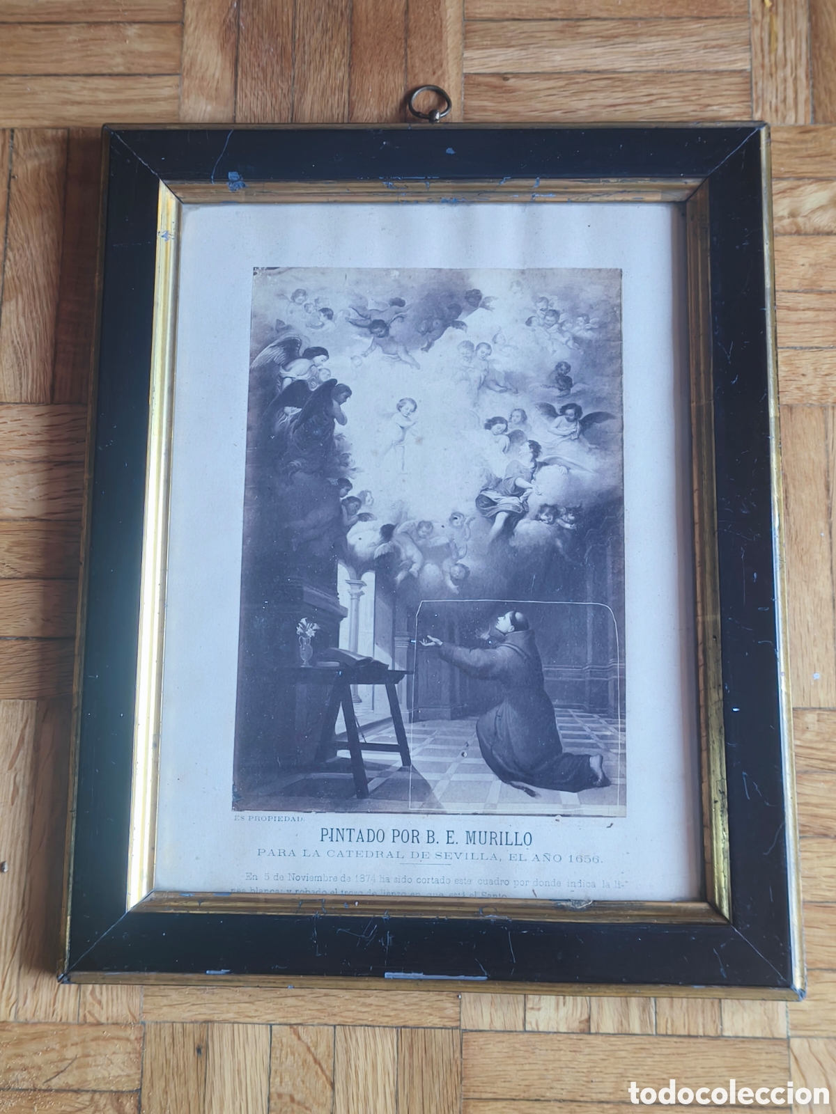 Arte: Antiguo Grabado Enmarcado - &rdquo;La Visi&oacute;n de San Antonio&rdquo; de Murillo (Con rese&ntilde;a hist&oacute;rica del robo de