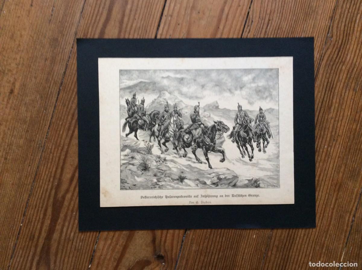Arte: Patrulha de Hussardos austr&iacute;acos em inspe&ccedil;&atilde;o na fronteira russa. Xilogravura do s&eacute;culo XIX