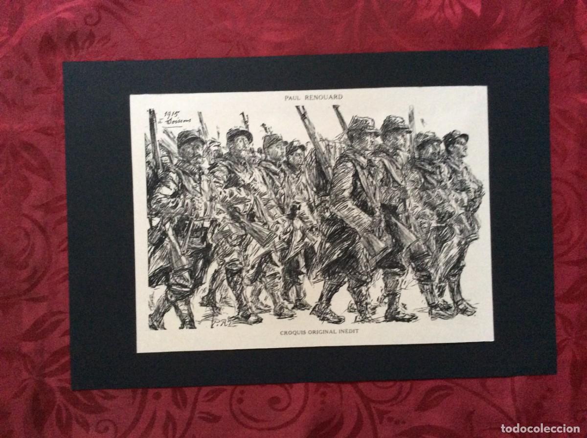 Arte: Desenho de Paul Renouard. Marcha dos soldados franceses, A Grande Guerra Mundial, Impress&atilde;o de 1915