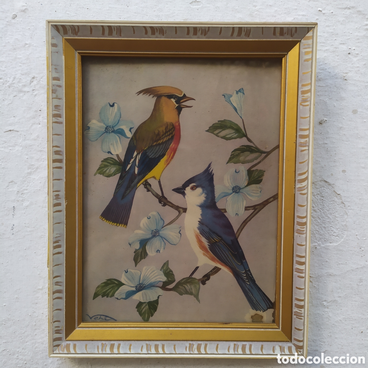 Arte: Cuadro vintage con l&aacute;mina enmarcada de con cristal con motivo de aves, mide 27x21.5 cm. El de las f
