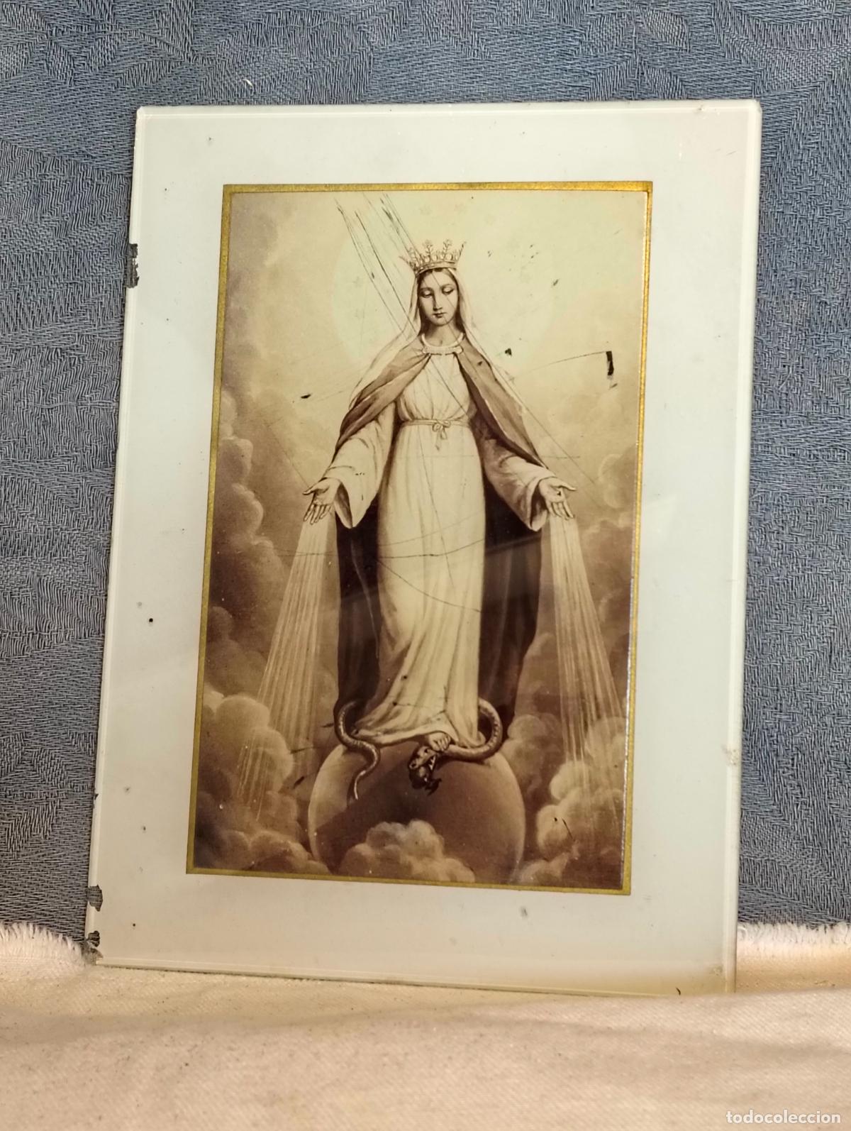 Art: Cuadro antiguo de cristal l&aacute;mina de la Virgen Mar&iacute;a milagrosa Regina de los a&ntilde;os 20-30