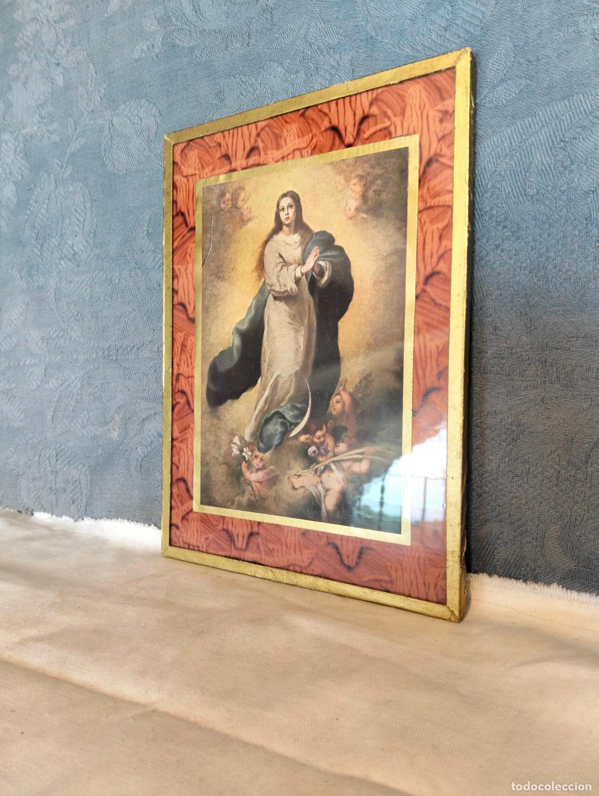 Kunst: Cuadro antiguo de cristal l&aacute;mina de la Virgen Mar&iacute;a la Inmaculada Concepci&oacute;n trabajo mongil a&ntilde;os 50