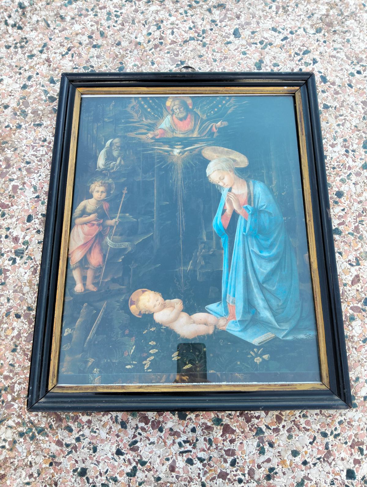 Kunst: Antiguo cuadro con marco de madera lacado negro dorado l&aacute;mina Adoraci&oacute;n del Ni&ntilde;o del Palazzo Medici