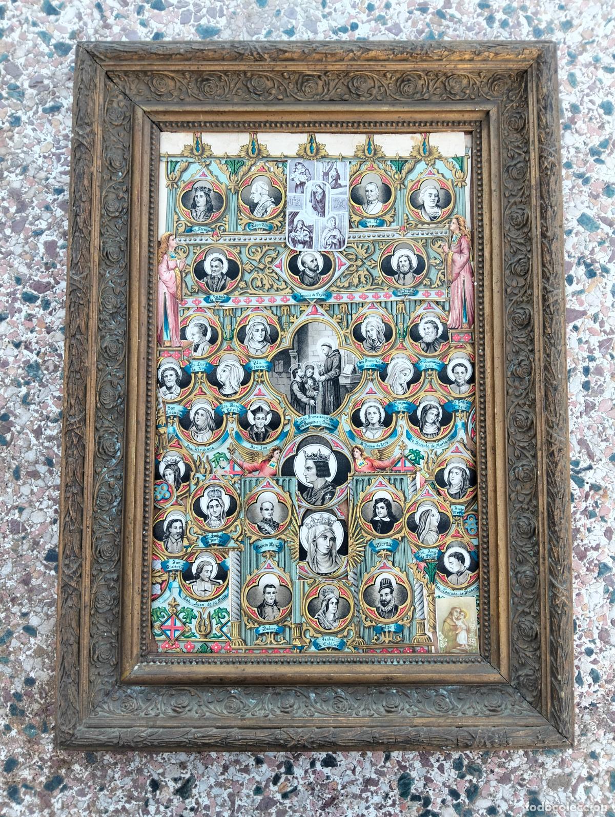 Kunst: Antiguo cuadro con marco de madera dorado y l&aacute;minas de diferentes Santos importantes S.XIX