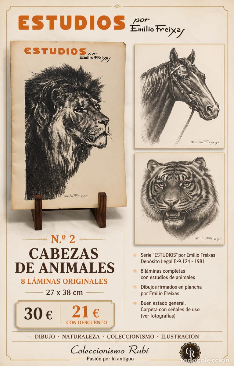 Arte: ESTUDIOS POR EMILIO FREIXAS N.&ordm; 2 | CABEZAS DE ANIMALES | 8 L&Aacute;MINAS 27 &times; 38 CM | 1981