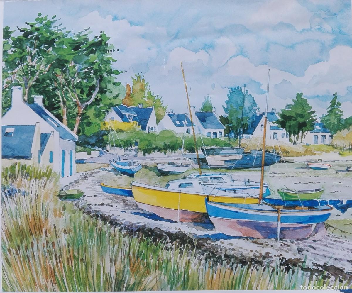 Arte: L&Aacute;MINA ANTIGUA. MICHEL RIBAUT-DESFARGES. ACUARELA &rdquo;LE PORT DE KERMERS&rdquo;. 40,5 X 31. VER FOTOS.