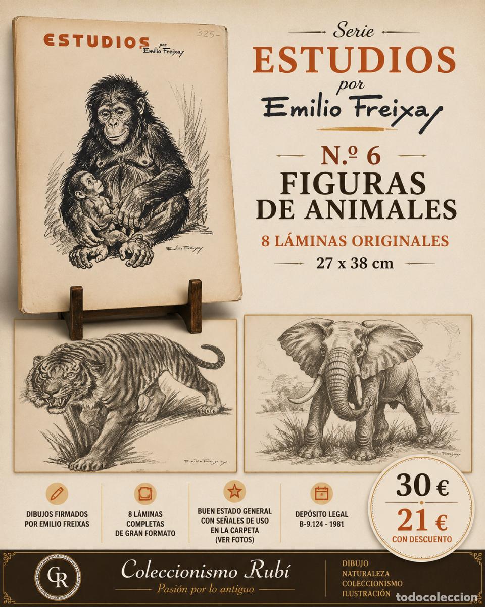 Arte: ESTUDIOS POR EMILIO FREIXAS N.&ordm; 6 | FIGURAS DE ANIMALES | 8 L&Aacute;MINAS 27 &times; 38 CM | 1981