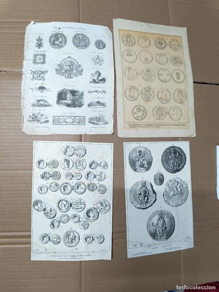 Arte: LOTE DE 4 ANTIGUAS LAMINAS DEL SIGLO XIX CON MONEDAS CELTIBERAS, ROMANAS, DE FRANCIA Y CATALU&Ntilde;A -M1