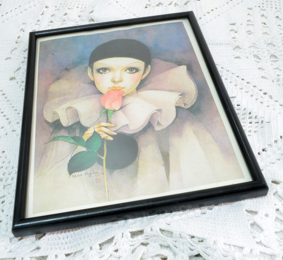Arte: L&aacute;mina enmarcada de un Pierrot triste con rosa, obra de Mira Fujita