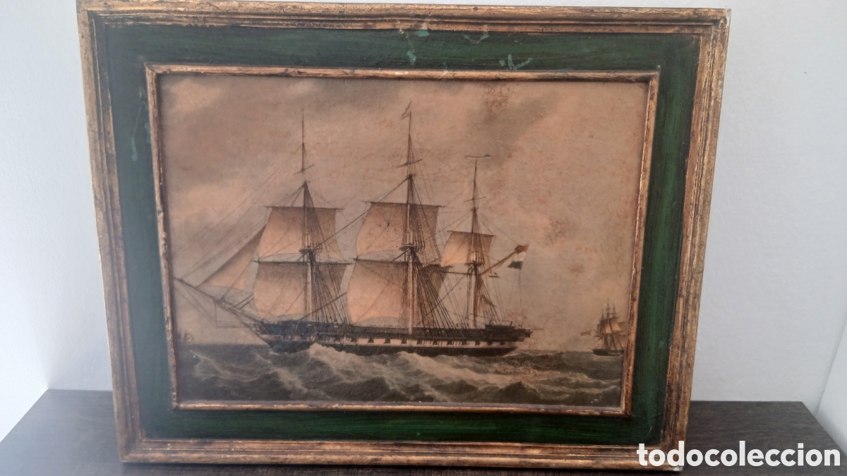 Arte: Antiguo cuadro marinero con velero, sin firma, enmarcado.Antiguo cuadro de tem&aacute;tica marinera con un