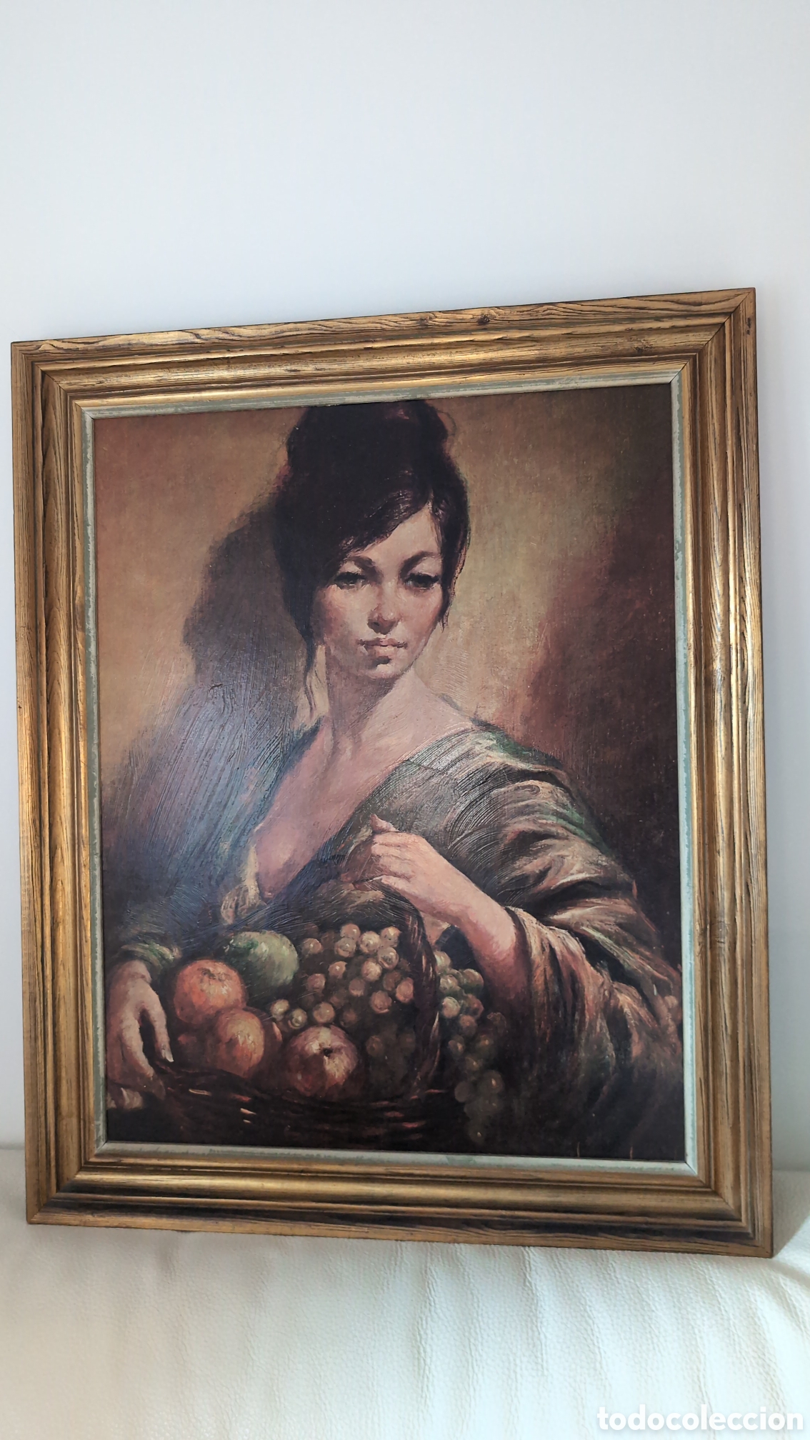 Arte: Cuadro antiguo mujer con cesta de frutas