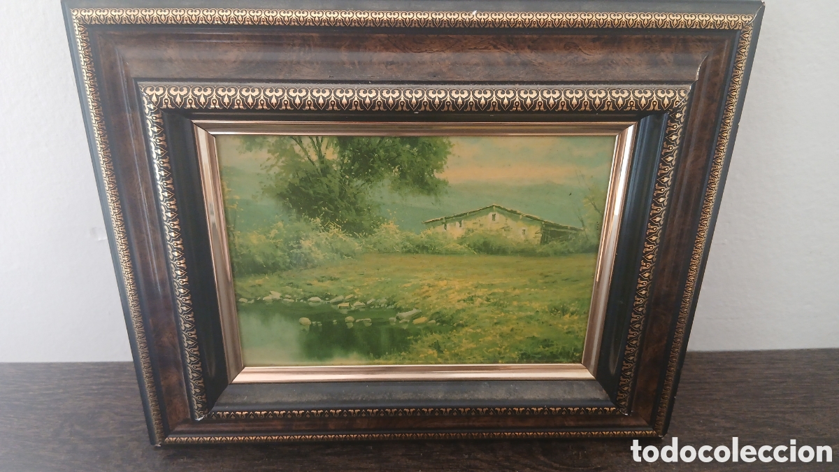 Arte: antigua cuadro.Hermoso paisaje campestre con una casa junto al agua, prado verde y &aacute;rboles frondosos