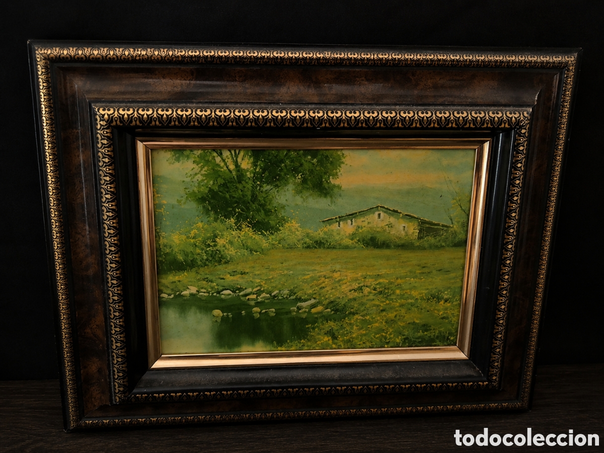 Arte: antigua cuadro.Hermoso paisaje campestre con una casa junto al agua