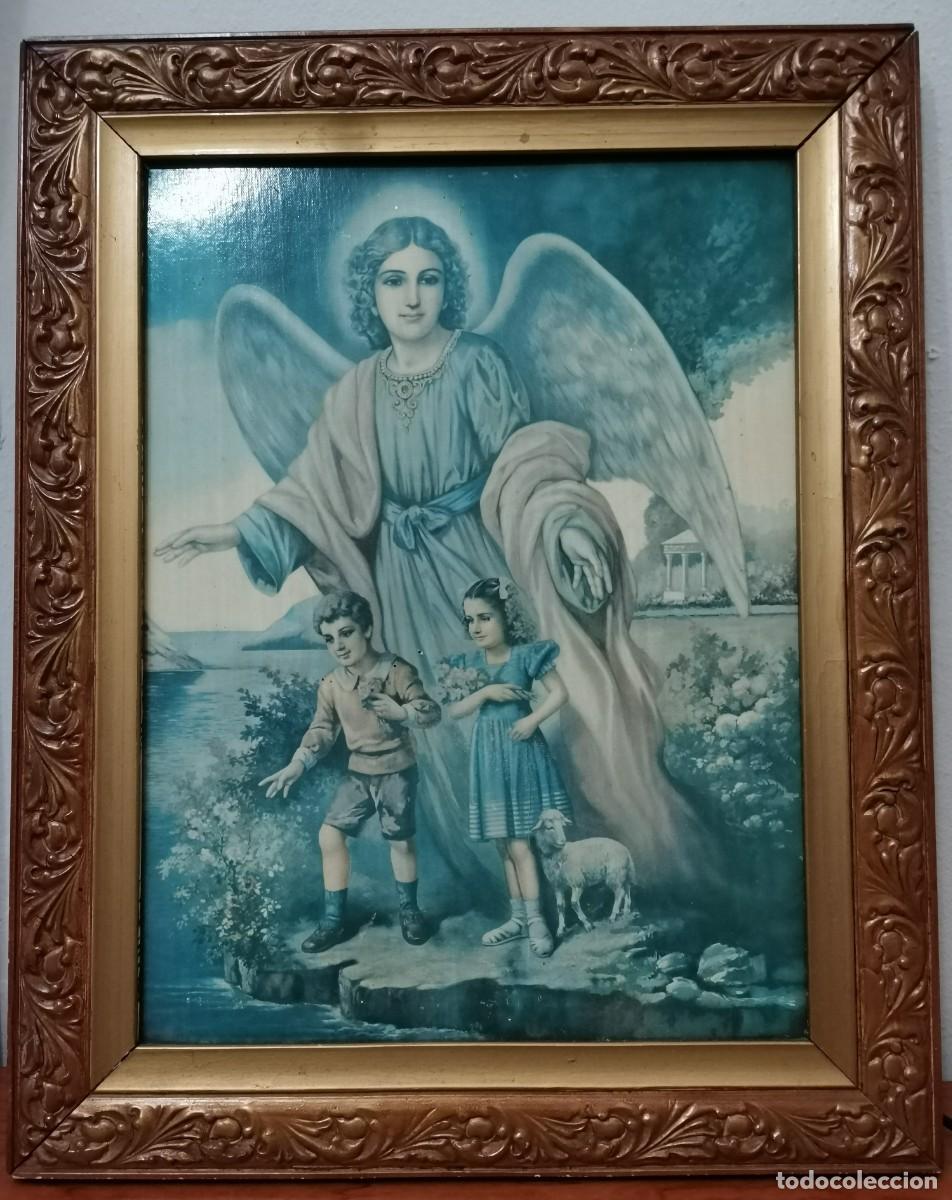 Arte: ANGEL DE LA GUARDA Y NI&Ntilde;OS - (Antiguo cuadro con l&aacute;mina y marco de madera).