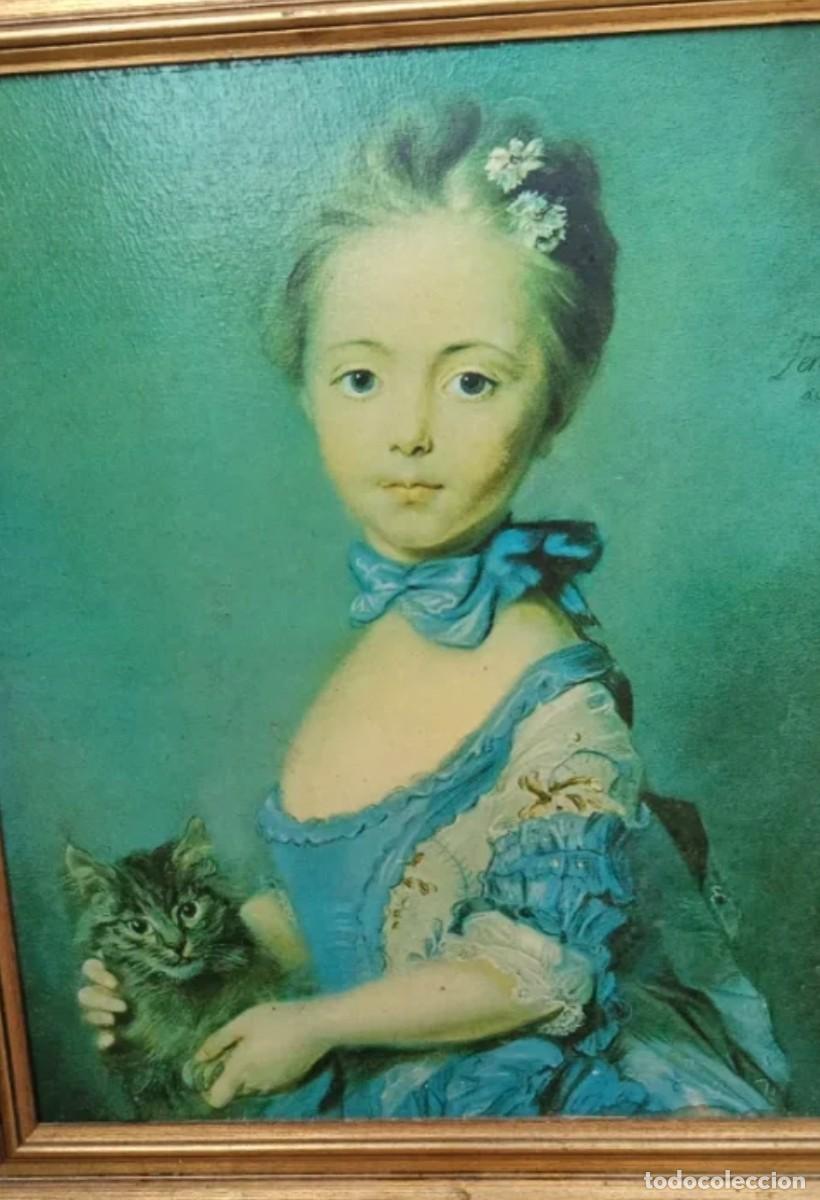 Arte: Antigua reproducci&oacute;n tipo oleograf&iacute;a de Jean-Baptiste Perronneau &ndash; Ni&ntilde;a con gatito &ndash; enmarcada