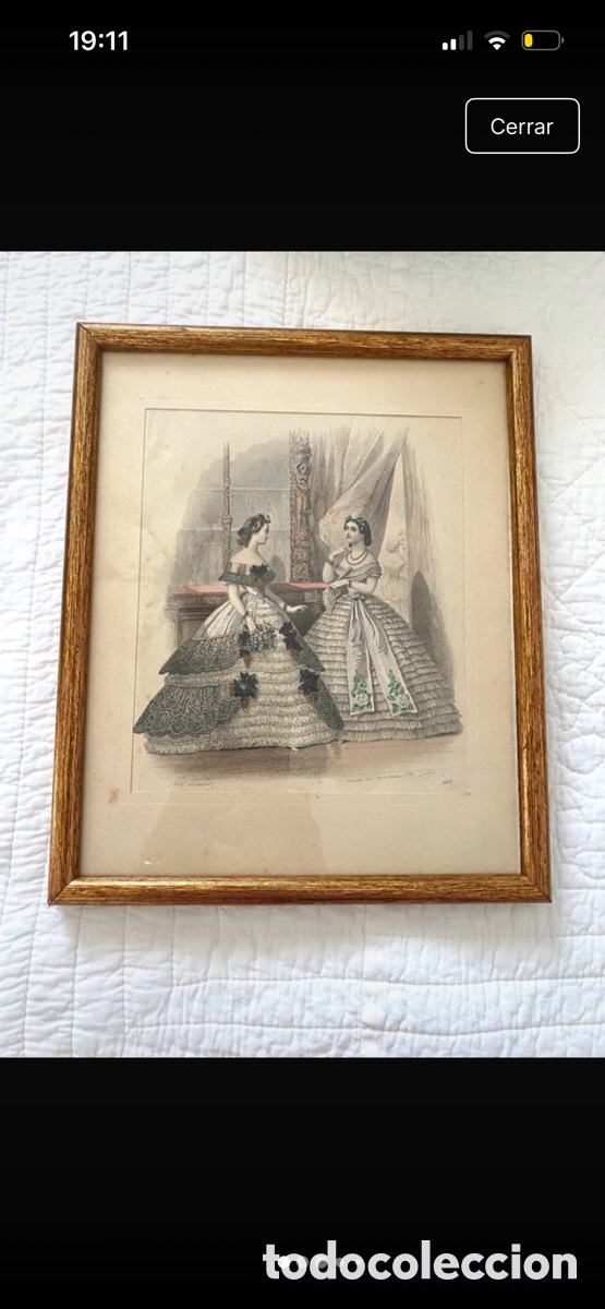 Arte: : Grabado de moda antiguo original del siglo XIX - Figur&iacute;n de damas con vestidos de &eacute;poca enmarcado