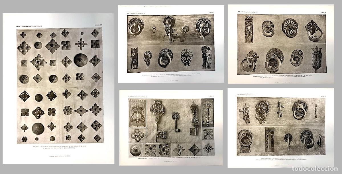 Arte: 5 l&aacute;minas de hierros antiguos de Arte y Decoraci&oacute;n en Espa&ntilde;a 1924 (Aldabones, clavos, llaves, llamad