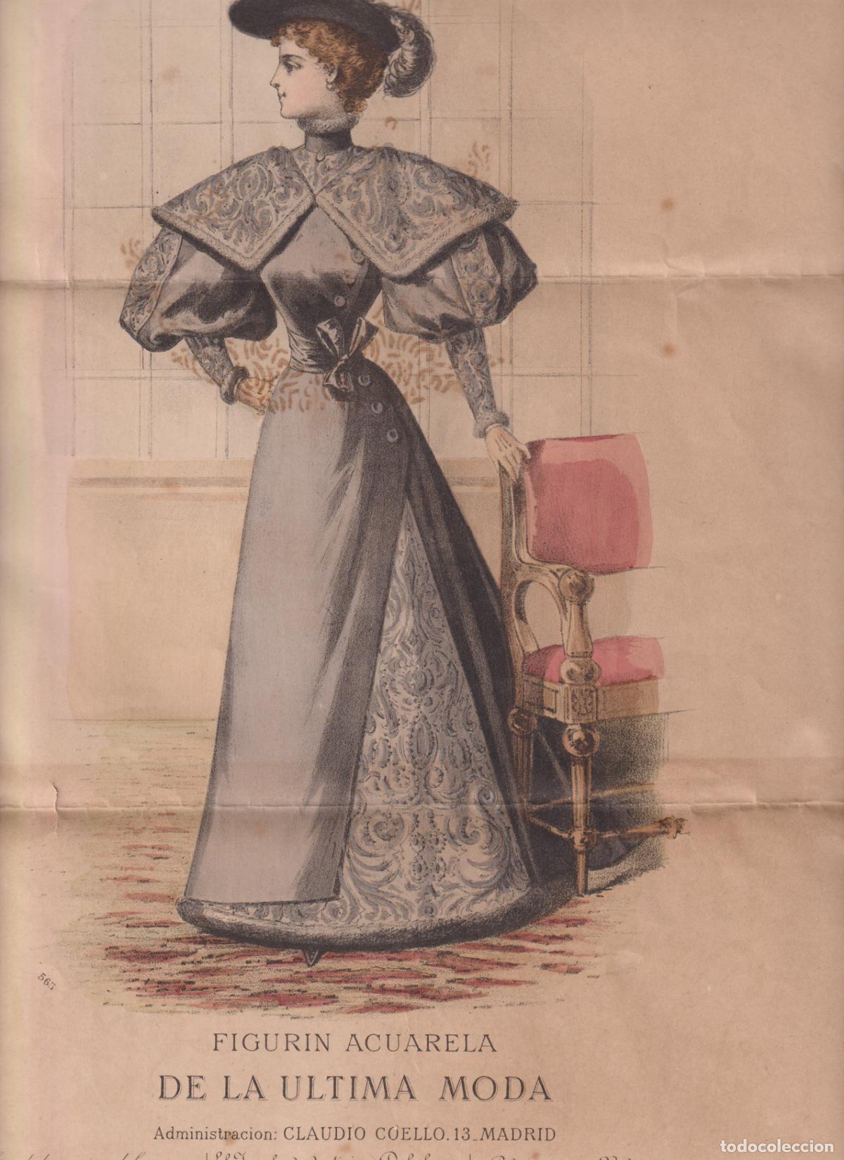 Arte: ANTIGUA LAMINA DE MODA - FIGURIN ACUARELA DE LA ULTIMA MODA