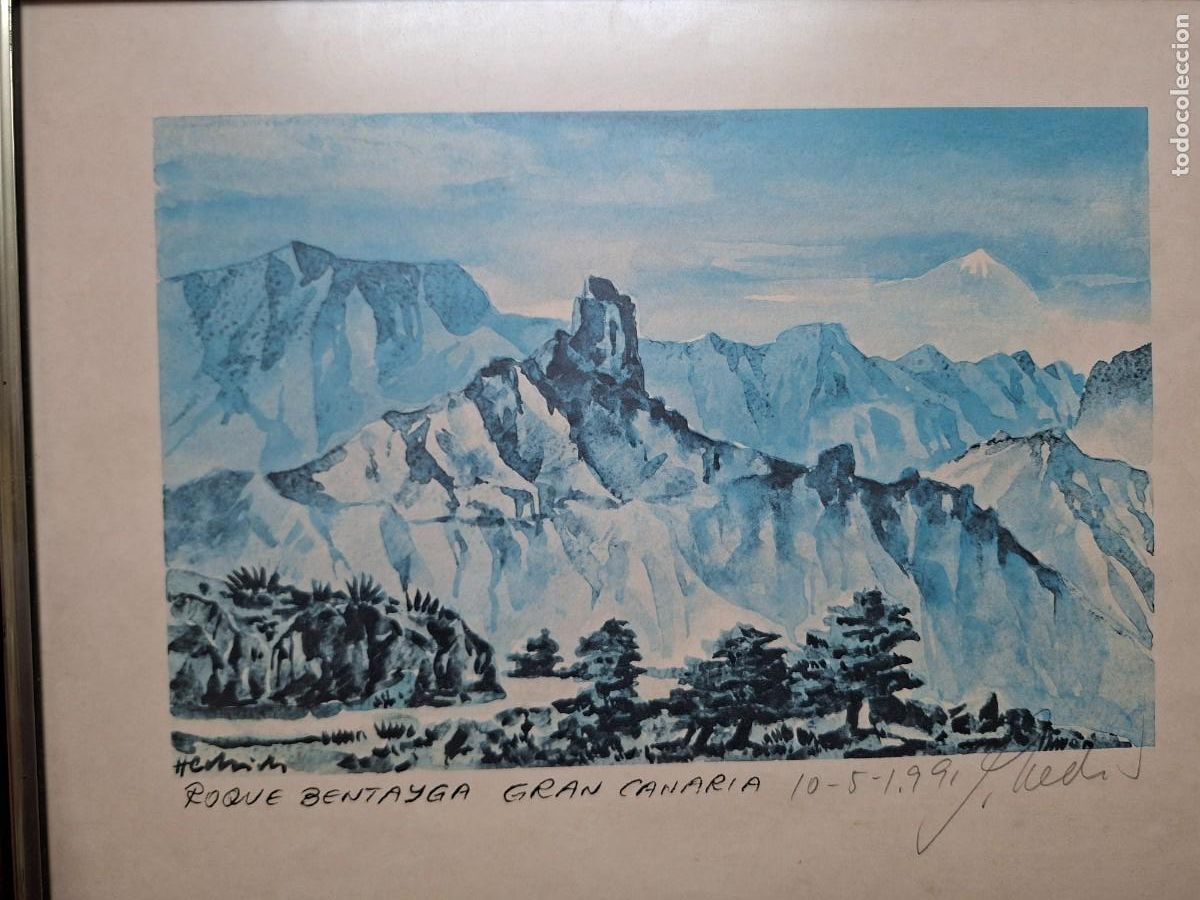 Arte: LAMINA ENMARCADA ARTE MONTA&Ntilde;A ROQUE BENTAYGA GRAN CANARIA ISLAS CANARIAS